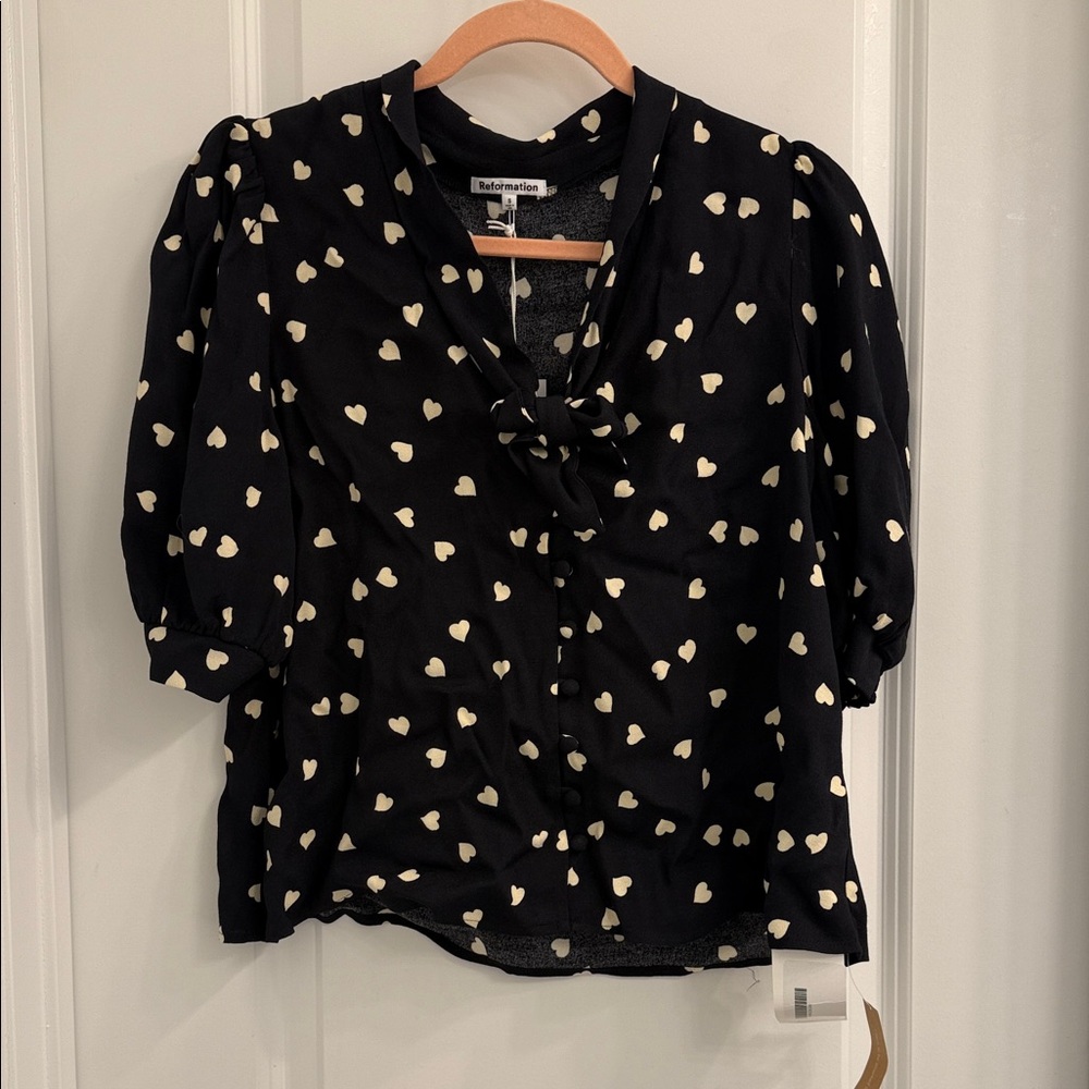 Reformation Black Blouse with Cream Heart Pattern